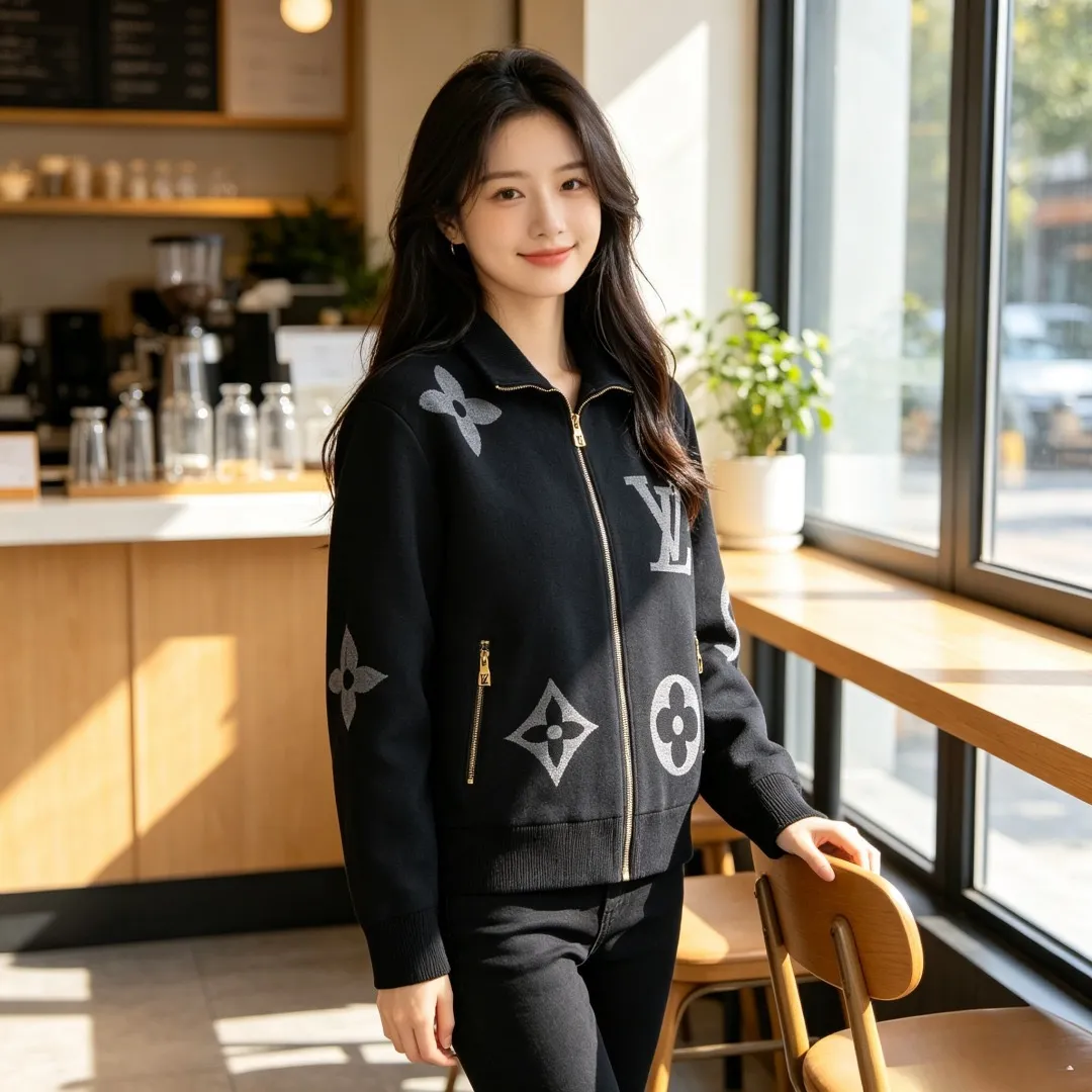 Louis Vuitton/Louis Vuitton Grand Logo Jacquard Stand Collar Knit Jacket Jacket